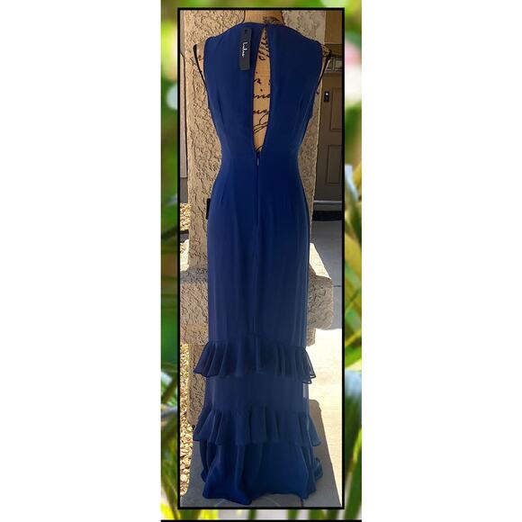 Lulus Lovely Arrival Dark Blue Chiffon Ruffle Tiered Maxi Dress Size L - Picture 5 of 11